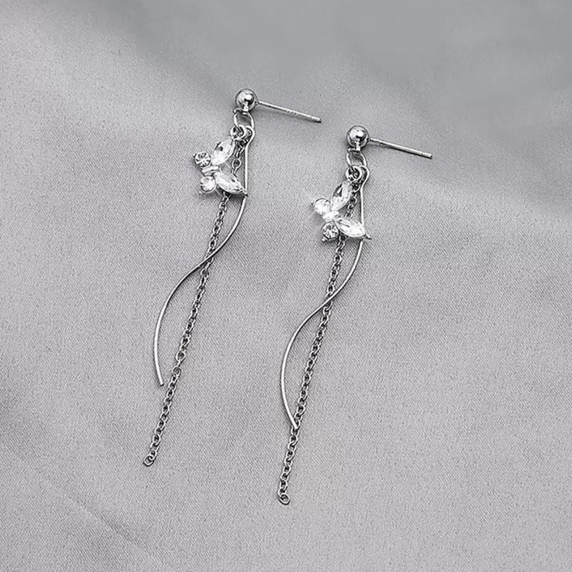 Butterfly Stud Long Silver Tassel Earrings