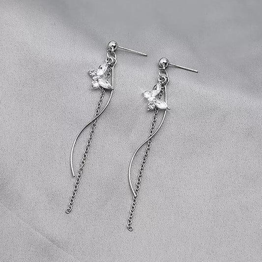 Butterfly Stud Long Silver Tassel Earrings