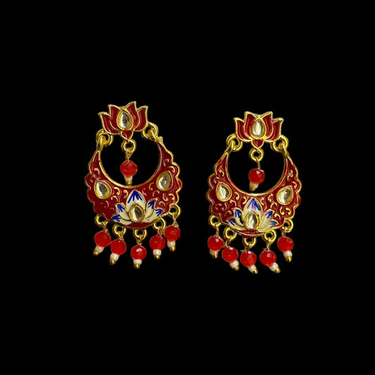Meenakari Kundan and Pearls Lotus Design Drop Earrings