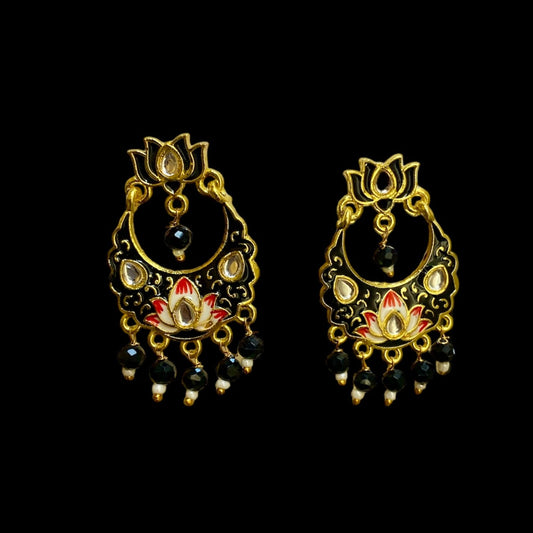 Meenakari Kundan and Pearls Lotus Design Drop Earrings