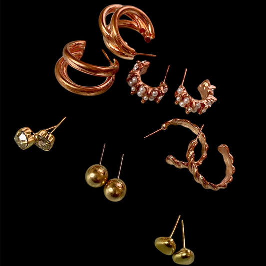 Rose Golden  Heart Stud & Hoop Earrings  Set - 6 Pack