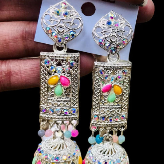 Oxidized finish Multi Colour Pearl Jhumka Earrings Design