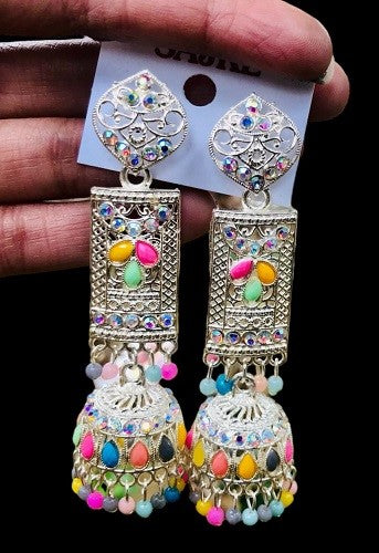 Oxidized finish Multi Colour Pearl Jhumka Earrings Design