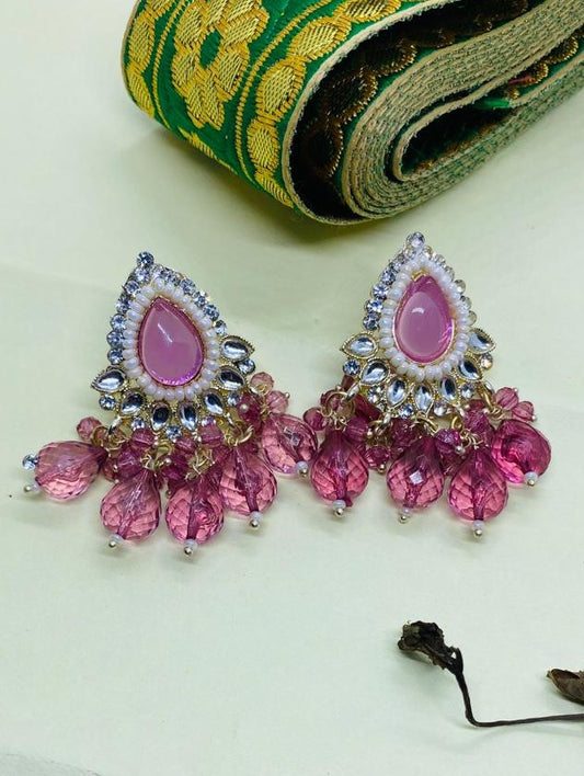 Kundan Meena Gold Plated Crystal Stone And Pearls Dangler Earrings-Pink