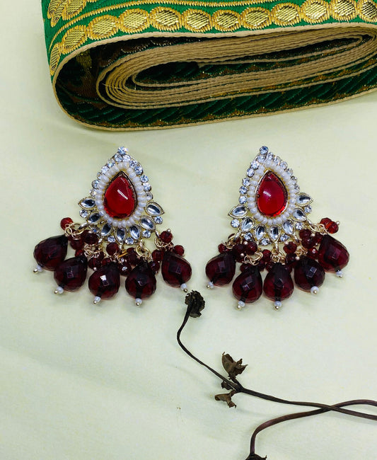 Kundan Meena Gold Plated Crystal Stone And Pearls Dangler Earrings-Maroon